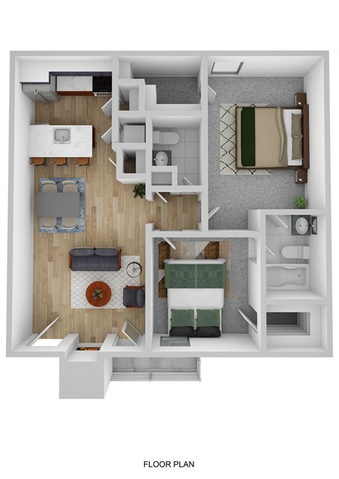 Floor plan for 2 beds, 1.5 baths, 769 sqft